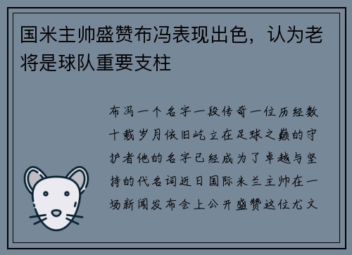 国米主帅盛赞布冯表现出色，认为老将是球队重要支柱