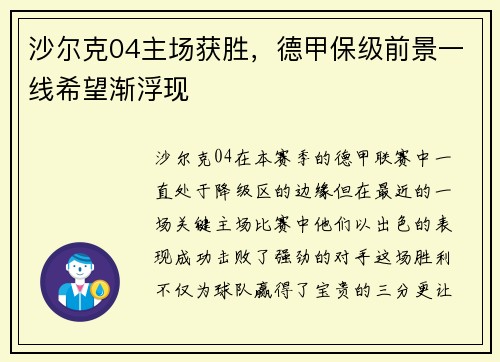 沙尔克04主场获胜，德甲保级前景一线希望渐浮现