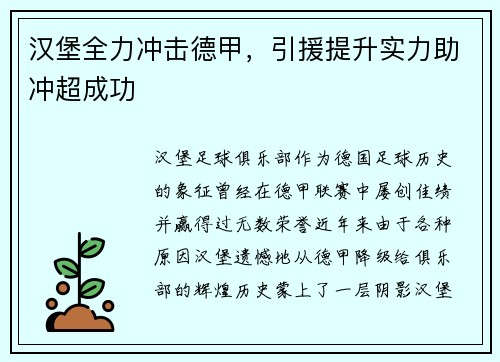 汉堡全力冲击德甲，引援提升实力助冲超成功