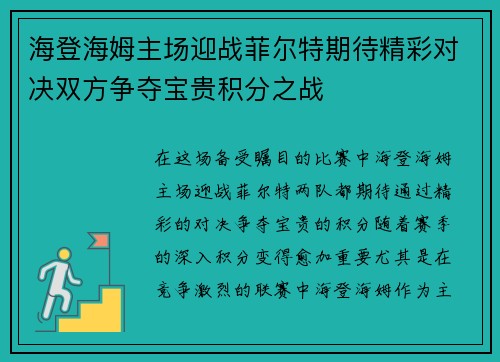 海登海姆主场迎战菲尔特期待精彩对决双方争夺宝贵积分之战
