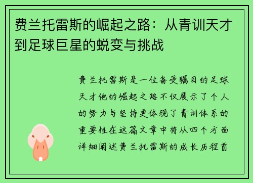 费兰托雷斯的崛起之路：从青训天才到足球巨星的蜕变与挑战