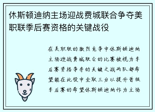 休斯顿迪纳主场迎战费城联合争夺美职联季后赛资格的关键战役
