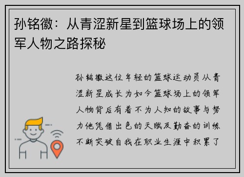 孙铭徽：从青涩新星到篮球场上的领军人物之路探秘