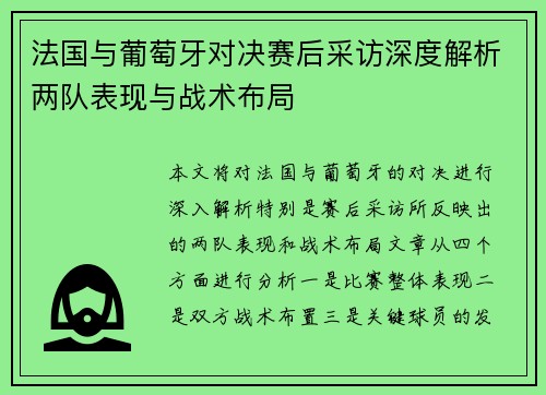 法国与葡萄牙对决赛后采访深度解析两队表现与战术布局
