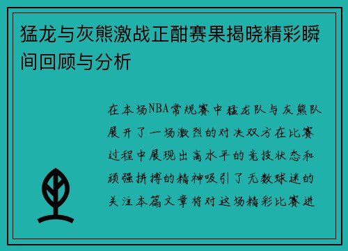 猛龙与灰熊激战正酣赛果揭晓精彩瞬间回顾与分析