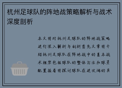 杭州足球队的阵地战策略解析与战术深度剖析