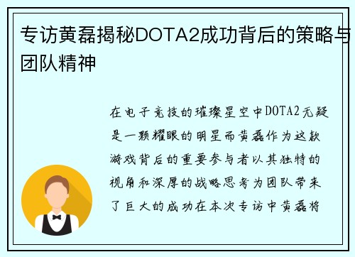 专访黄磊揭秘DOTA2成功背后的策略与团队精神