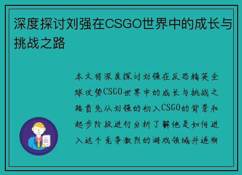 深度探讨刘强在CSGO世界中的成长与挑战之路