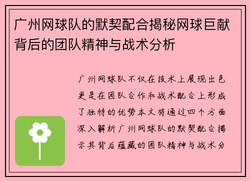 广州网球队的默契配合揭秘网球巨献背后的团队精神与战术分析
