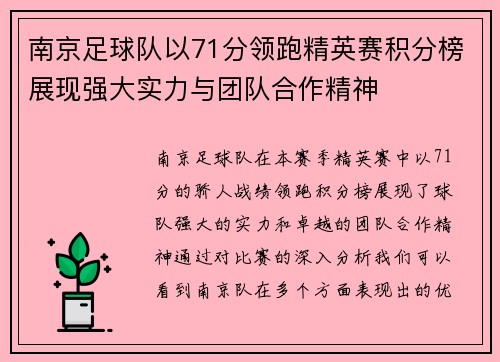南京足球队以71分领跑精英赛积分榜展现强大实力与团队合作精神