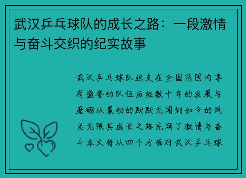 武汉乒乓球队的成长之路：一段激情与奋斗交织的纪实故事